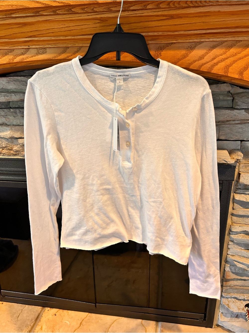 James Perse White Long-Sleeve Henley Top with Button Placket